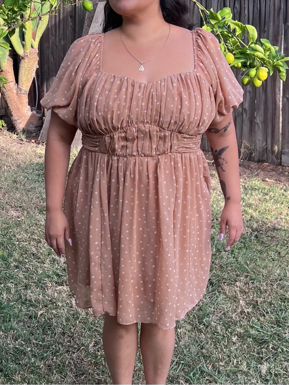 Abercrombie & Fitch Tan Polka Dot Puff Sleeve Mini Dress